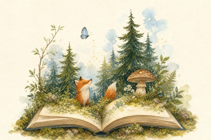 Раскрытая книга сказок, из страниц растёт лес