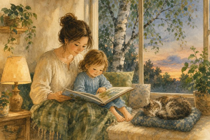 Мама с ребёнком читают книгу у окна вечером
