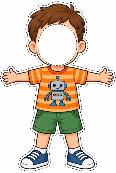 Шаблон мальчика — мальчик, оранжевая футболка с роботом — шаблон с окном для лица для доски «Я пришёл»